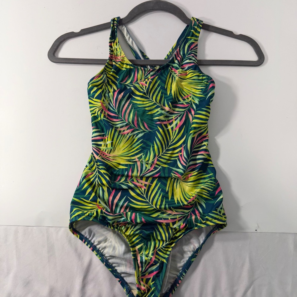 Lands‎ End Girls Tropical Palm Leaf One Piece Swimsuit Green Pink Size 7